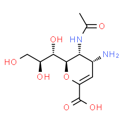 ChemSpider 2D Image | (6R)-5-Acetamido-4-amino-2,6-anhydro-3,4,5-trideoxy-6-[(1S,2S)-1,2,3-trihydroxypropyl]-L-erythro-hex-2-enonic acid | C11H18N2O7
