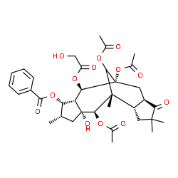 ChemSpider 2D Image | (1R,2R,3R,4S,5S,7R,8R,9R,10S,14R)-1,8,16-Triacetoxy-2-(glycoloyloxy)-7-hydroxy-5,9,12,12-tetramethyl-13-oxotetracyclo[7.6.1.0~3,7~.0~10,14~]hexadec-4-yl benzoate | C35H44O13