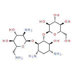ChemSpider 2D Image | (1R,2R,3S,4R,6S)-4,6-Diamino-2-(alpha-L-glucopyranosyloxy)-3-hydroxycyclohexyl 2,6-diamino-2,6-dideoxy-alpha-D-glucopyranoside | C18H36N4O11