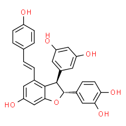 ChemSpider 2D Image | 4-{(2R,3R)-3-(3,5-Dihydroxyphenyl)-6-hydroxy-4-[(E)-2-(4-hydroxyphenyl)vinyl]-2,3-dihydro-1-benzofuran-2-yl}-1,2-benzenediol | C28H22O7
