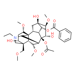 ChemSpider 2D Image | (1alpha,3alpha,6alpha,7beta,14alpha,15alpha,16beta)-8-Acetoxy-20-ethyl-3,13,15-trihydroxy-1,6,16-trimethoxy-4-(methoxymethyl)aconitan-14-yl benzoate | C34H47NO11