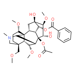 ChemSpider 2D Image | (1alpha,6alpha,7beta,14alpha,15alpha,16beta)-8-Acetoxy-13,15-dihydroxy-1,6,16-trimethoxy-4-(methoxymethyl)-20-methylaconitan-14-yl benzoate | C33H45NO10