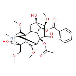 ChemSpider 2D Image | (1alpha,3alpha,6alpha,7beta,14alpha,15alpha,16beta)-8-Acetoxy-3,13,15-trihydroxy-1,6,16-trimethoxy-4-(methoxymethyl)-20-methylaconitan-14-yl benzoate | C33H45NO11