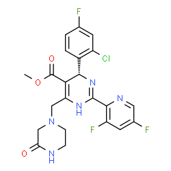 ChemSpider 2D Image | methyl (4R)-4-(2-chloro-4-fluoro-phenyl)-2-(3,5-difluoro-2-pyridyl)-6-[(3-oxopiperazin-1-yl)methyl]-1,4-dihydropyrimidine-5-carboxylate | C22H19ClF3N5O3