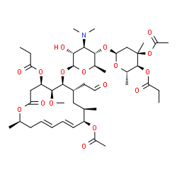 ChemSpider 2D Image | (4R,5S,6S,7S,9R,10R,11E,13E,16R)-10-Acetoxy-6-{[(2S,3R,4R,5S,6R)-5-{[(2S,4R,5S,6S)-4-acetoxy-4,6-dimethyl-5-(propionyloxy)tetrahydro-2H-pyran-2-yl]oxy}-4-(dimethylamino)-3-hydroxy-6-methyltetrahydro-2
H-pyran-2-yl]oxy}-5-methoxy-9,16-dimethyl-2-oxo-7-(2-oxoethyl)oxacyclohexadeca-11,13-dien-4-yl propanoate | C45H71NO17