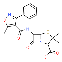 ChemSpider 2D Image | 3,3-Dimethyl-6-{[(5-methyl-3-phenyl-1,2-oxazol-4-yl)carbonyl]amino}-7-oxo-4-thia-1-azabicyclo[3.2.0]heptane-2-carboxylic acid | C19H19N3O5S
