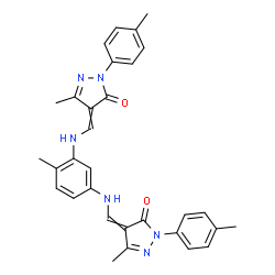 ChemSpider 2D Image | 4,4'-[(4-Methyl-1,3-phenylene)bis(iminomethylylidene)]bis[5-methyl-2-(4-methylphenyl)-2,4-dihydro-3H-pyrazol-3-one] | C31H30N6O2