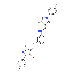 ChemSpider 2D Image | 4,4'-[1,3-Phenylenebis(iminomethylylidene)]bis[5-methyl-2-(4-methylphenyl)-2,4-dihydro-3H-pyrazol-3-one] | C30H28N6O2