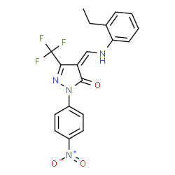 ChemSpider 2D Image | (4Z)-4-{[(2-Ethylphenyl)amino]methylene}-2-(4-nitrophenyl)-5-(trifluoromethyl)-2,4-dihydro-3H-pyrazol-3-one | C19H15F3N4O3