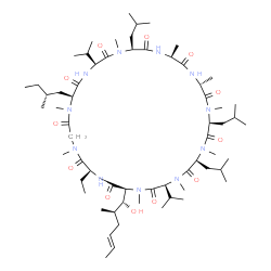 ChemSpider 2D Image | (3S,6S,9S,12R,15S,18S,21S,24S,30S,33S)-30-Ethyl-33-[(1R,2R,4E)-1-hydroxy-2-methyl-4-hexen-1-yl]-6,9,18-triisobutyl-3,21-diisopropyl-1,4,7,10,12,15,19,25,28-nonamethyl-24-[(2R)-2-methylbutyl]-1,4,7,10,
13,16,19,22,25,28,31-undecaazacyclotritriacontane-2,5,8,11,14,17,20,23,26,29,32-undecone | C63H113N11O12