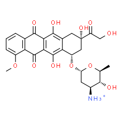 ChemSpider 2D Image | (1S,3S)-3-Glycoloyl-3,5,12-trihydroxy-10-methoxy-6,11-dioxo-1,2,3,4,6,11-hexahydro-1-tetracenyl 3-ammonio-2,3,6-trideoxy-alpha-L-arabino-hexopyranoside | C27H30NO11