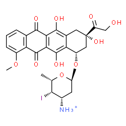 ChemSpider 2D Image | (2S,3S,4S,6R)-6-{[(1S,3S)-3-Glycoloyl-3,5,12-trihydroxy-10-methoxy-6,11-dioxo-1,2,3,4,6,11-hexahydro-1-tetracenyl]oxy}-3-iodo-2-methyltetrahydro-2H-pyran-4-aminium | C27H29INO10