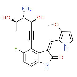 ChemSpider 2D Image | (3Z)-4-[(3R,4S,5R)-4-Amino-3,5-dihydroxy-1-hexyn-1-yl]-5-fluoro-3-[(3-methoxy-1H-pyrrol-2-yl)methylene]-1,3-dihydro-2H-indol-2-one | C20H20FN3O4