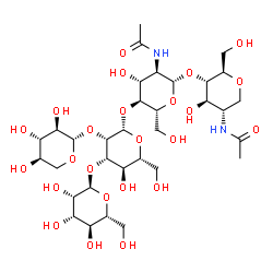 ChemSpider 2D Image | alpha-D-Mannopyranosyl-(1->3)-[beta-D-xylopyranosyl-(1->2)]-beta-D-mannopyranosyl-(1->4)-2-acetamido-2-deoxy-beta-D-glucopyranosyl-(1->4)-2-acetamido-1,5-anhydro-2-deoxy-D-glucitol | C33H56N2O24