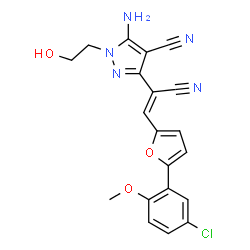 ChemSpider 2D Image | 5-Amino-3-{(Z)-2-[5-(5-chloro-2-methoxyphenyl)-2-furyl]-1-cyanovinyl}-1-(2-hydroxyethyl)-1H-pyrazole-4-carbonitrile | C20H16ClN5O3