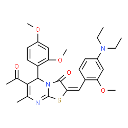 ChemSpider 2D Image | (2E)-6-Acetyl-2-[4-(diethylamino)-2-methoxybenzylidene]-5-(2,4-dimethoxyphenyl)-7-methyl-5H-[1,3]thiazolo[3,2-a]pyrimidin-3(2H)-one | C29H33N3O5S