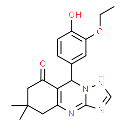 ChemSpider 2D Image | 9-(3-Ethoxy-4-hydroxyphenyl)-6,6-dimethyl-5,6,7,9-tetrahydro[1,2,4]triazolo[5,1-b]quinazolin-8(1H)-one | C19H22N4O3
