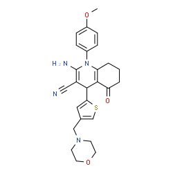 ChemSpider 2D Image | 2-Amino-1-(4-methoxyphenyl)-4-[4-(4-morpholinylmethyl)-2-thienyl]-5-oxo-1,4,5,6,7,8-hexahydro-3-quinolinecarbonitrile | C26H28N4O3S