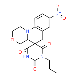 ChemSpider 2D Image | 8-Nitro-1'-propyl-1,2,4,4a-tetrahydro-2'H,6H-spiro[1,4-oxazino[4,3-a]quinoline-5,5'-pyrimidine]-2',4',6'(1'H,3'H)-trione | C18H20N4O6