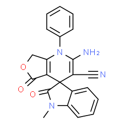 ChemSpider 2D Image | 2-Amino-1'-methyl-2',5-dioxo-1-phenyl-1',2',5,7-tetrahydro-1H-spiro[furo[3,4-b]pyridine-4,3'-indole]-3-carbonitrile | C22H16N4O3