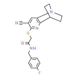 ChemSpider 2D Image | 2-[(4-Cyano-1,6-diazatricyclo[6.2.2.0~2,7~]dodeca-2,4,6-trien-5-yl)sulfanyl]-N-(4-fluorobenzyl)acetamide | C20H19FN4OS