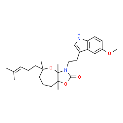 ChemSpider 2D Image | 3-[2-(5-Methoxy-1H-indol-3-yl)ethyl]-3a,5,8a-trimethyl-5-(4-methyl-3-penten-1-yl)hexahydrooxepino[2,3-d][1,3]oxazol-2(3H)-one | C27H38N2O4