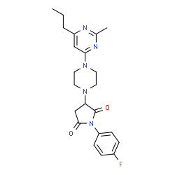 ChemSpider 2D Image | 1-(4-Fluorophenyl)-3-[4-(2-methyl-6-propyl-4-pyrimidinyl)-1-piperazinyl]-2,5-pyrrolidinedione | C22H26FN5O2