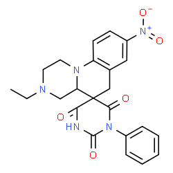 ChemSpider 2D Image | 3-Ethyl-8-nitro-1'-phenyl-2,3,4,4a-tetrahydro-1H,2'H,6H-spiro[pyrazino[1,2-a]quinoline-5,5'-pyrimidine]-2',4',6'(1'H,3'H)-trione | C23H23N5O5