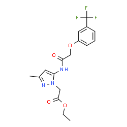 ChemSpider 2D Image | Ethyl [3-methyl-5-({[3-(trifluoromethyl)phenoxy]acetyl}amino)-1H-pyrazol-1-yl]acetate | C17H18F3N3O4
