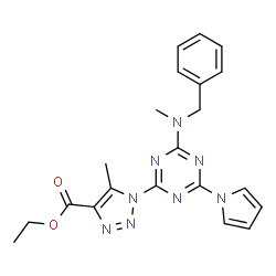 ChemSpider 2D Image | Ethyl 1-{4-[benzyl(methyl)amino]-6-(1H-pyrrol-1-yl)-1,3,5-triazin-2-yl}-5-methyl-1H-1,2,3-triazole-4-carboxylate | C21H22N8O2
