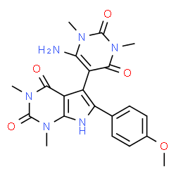 ChemSpider 2D Image | 5-(6-Amino-1,3-dimethyl-2,4-dioxo-1,2,3,4-tetrahydro-5-pyrimidinyl)-6-(4-methoxyphenyl)-1,3-dimethyl-1H-pyrrolo[2,3-d]pyrimidine-2,4(3H,7H)-dione | C21H22N6O5