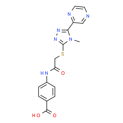 ChemSpider 2D Image | 4-[({[4-Methyl-5-(2-pyrazinyl)-4H-1,2,4-triazol-3-yl]sulfanyl}acetyl)amino]benzoic acid | C16H14N6O3S
