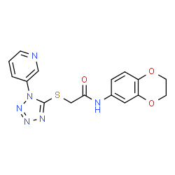 ChemSpider 2D Image | N-(2,3-Dihydro-1,4-benzodioxin-6-yl)-2-{[1-(3-pyridinyl)-1H-tetrazol-5-yl]sulfanyl}acetamide | C16H14N6O3S
