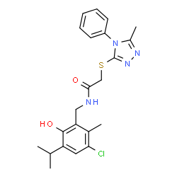 ChemSpider 2D Image | N-(3-Chloro-6-hydroxy-5-isopropyl-2-methylbenzyl)-2-[(5-methyl-4-phenyl-4H-1,2,4-triazol-3-yl)sulfanyl]acetamide | C22H25ClN4O2S