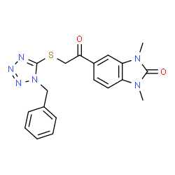 ChemSpider 2D Image | 5-{[(1-Benzyl-1H-tetrazol-5-yl)sulfanyl]acetyl}-1,3-dimethyl-1,3-dihydro-2H-benzimidazol-2-one | C19H18N6O2S