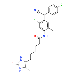 ChemSpider 2D Image | N-{5-Chloro-4-[(4-chlorophenyl)(cyano)methyl]-2-methylphenyl}-6-(5-methyl-2-oxo-4-imidazolidinyl)hexanamide | C25H28Cl2N4O2