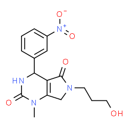 ChemSpider 2D Image | 6-(3-Hydroxypropyl)-1-methyl-4-(3-nitrophenyl)-3,4,6,7-tetrahydro-1H-pyrrolo[3,4-d]pyrimidine-2,5-dione | C16H18N4O5