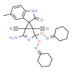 ChemSpider 2D Image | 2-Amino-4,4-bis[(cyclohexylideneamino)oxy]-5'-methyl-2'-oxo-1',2'-dihydrospiro[3-azabicyclo[3.1.0]hex-2-ene-6,3'-indole]-1,5-dicarbonitrile | C27H29N7O3