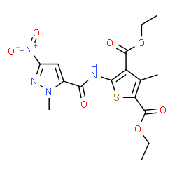 ChemSpider 2D Image | Diethyl 3-methyl-5-{[(1-methyl-3-nitro-1H-pyrazol-5-yl)carbonyl]amino}-2,4-thiophenedicarboxylate | C16H18N4O7S