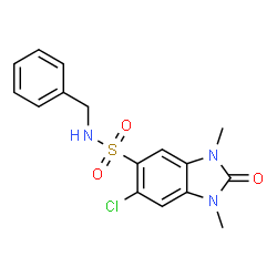 ChemSpider 2D Image | N-Benzyl-6-chloro-1,3-dimethyl-2-oxo-2,3-dihydro-1H-benzimidazole-5-sulfonamide | C16H16ClN3O3S