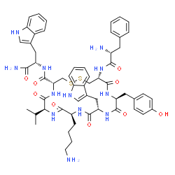 ChemSpider 2D Image | (4R,7S,10S,13S,16S,19R)-10-(4-Aminobutyl)-N-[(2S)-1-amino-3-(1H-indol-3-yl)-1-oxo-2-propanyl]-16-(4-hydroxybenzyl)-13-(1H-indol-3-ylmethyl)-7-isopropyl-6,9,12,15,18-pentaoxo-19-(D-phenylalanylamino)-1
,2-dithia-5,8,11,14,17-pentaazacycloicosane-4-carboxamide | C57H70N12O9S2