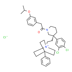 ChemSpider 2D Image | 1-(2-{(3R)-3-(3,4-Dichlorophenyl)-1-[(3-isopropoxyphenyl)acetyl]-3-piperidinyl}ethyl)-4-phenyl-1-azoniabicyclo[2.2.2]octane chloride | C37H45Cl3N2O2