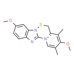 ChemSpider 2D Image | 3,9-Dimethoxy-2,4-dimethyl-5H-pyrido[1',2':4,5][1,2,4]thiadiazino[2,3-a]benzimidazol-13-ium | C17H18N3O2S
