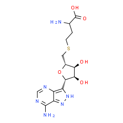 ChemSpider 2D Image | 2-Amino-4-({[(2S,3S,4R,5S)-5-(7-amino-2H-pyrazolo[4,3-d]pyrimidin-3-yl)-3,4-dihydroxytetrahydro-2-furanyl]methyl}sulfanyl)butanoic acid | C14H20N6O5S