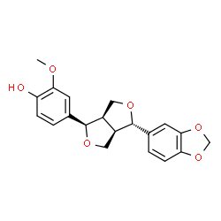 ChemSpider 2D Image | 4-[(1R,3aR,4S,6aR)-4-(1,3-Benzodioxol-5-yl)tetrahydro-1H,3H-furo[3,4-c]furan-1-yl]-2-methoxyphenol | C20H20O6