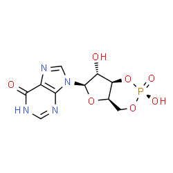 ChemSpider 2D Image | 9-[(2R,4aR,6R,7R,7aR)-2,7-Dihydroxy-2-oxidotetrahydro-4H-furo[3,2-d][1,3,2]dioxaphosphinin-6-yl]-1,9-dihydro-6H-purin-6-one | C10H11N4O7P