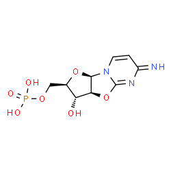 ChemSpider 2D Image | [(2R,3R,3aS,9aR)-3-Hydroxy-6-imino-2,3,3a,9a-tetrahydro-6H-furo[2',3':4,5][1,3]oxazolo[3,2-a]pyrimidin-2-yl]methyl dihydrogen phosphate | C9H12N3O7P