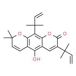 ChemSpider 2D Image | 5-Hydroxy-8,8-dimethyl-3,10-bis(2-methyl-3-buten-2-yl)-2H,8H-pyrano[3,2-g]chromen-2-one | C24H28O4