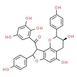 ChemSpider 2D Image | [(3S)-3,5-Dihydroxy-2,8-bis(4-hydroxyphenyl)-3,4,8,9-tetrahydro-2H-furo[2,3-h]chromen-9-yl](2,3,5-trihydroxyphenyl)methanone | C30H24O10