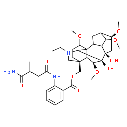 ChemSpider 2D Image | [(5xi,6beta,7beta,9xi,10xi,13xi,16beta,17xi)-20-Ethyl-7,8-dihydroxy-1,6,14,16-tetramethoxyaconitan-4-yl]methyl 2-[(4-amino-3-methyl-4-oxobutanoyl)amino]benzoate | C37H53N3O10